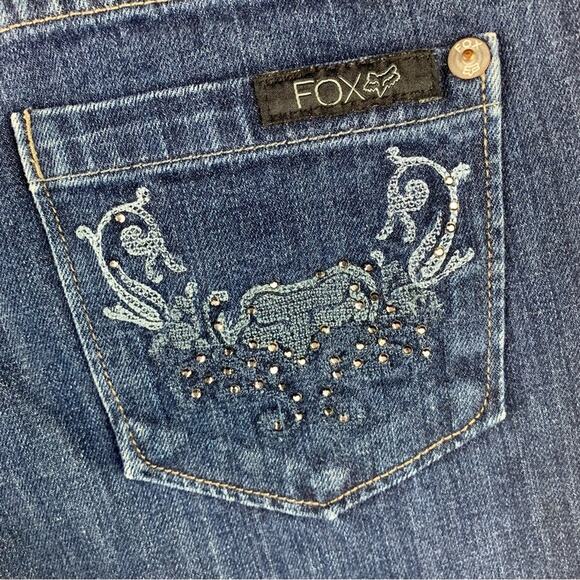 VTG FOX Racing Bootcut Denim Jeans Womens SZ 7 Rhinestone Embellished Logo Y2K - Picture 4 of 11